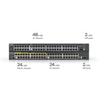   ZYXEL Switch 48x1000Mbps (24xPOE) + 2xGigabit SFP, Fémházas Menedzselhető (48 GbE port), GS1900-48HPV2-EU0101F