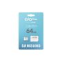 SAMSUNG Memóriakártya, EVO Plus microSDXC kártya, 64GB, UHS-I, U1, V10, A1, + SD Adapter, R160/W