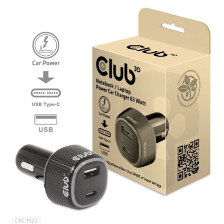 Club3D Notebook / Laptop Car Charger 63 Watt - autós töltő